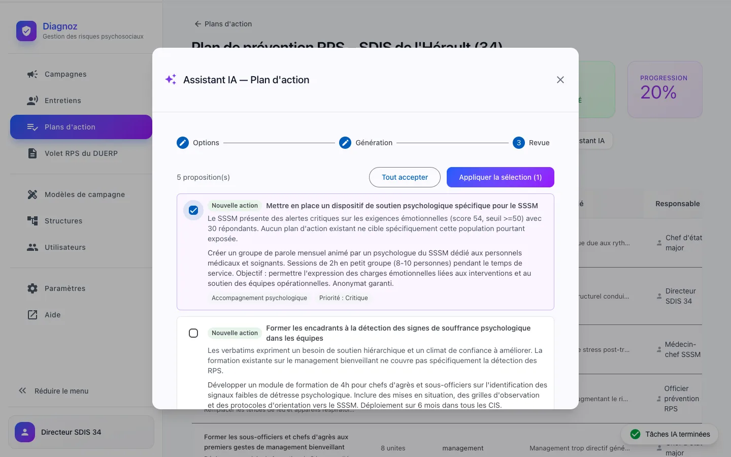 Propositions de l'assistant IA pour un plan d'action Diagnoz, à accepter ou rejeter