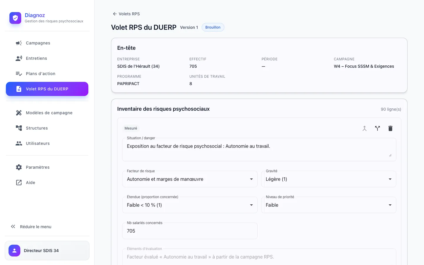 Volet RPS du DUERP généré par Diagnoz